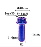 Close-up diagram of M6 Torx titanium bolt with head diameter, Torx30 drive, and thread pitch measurements. Lightweight Grade 5 titanium bolt for Sur-Ron and e-moto builds.